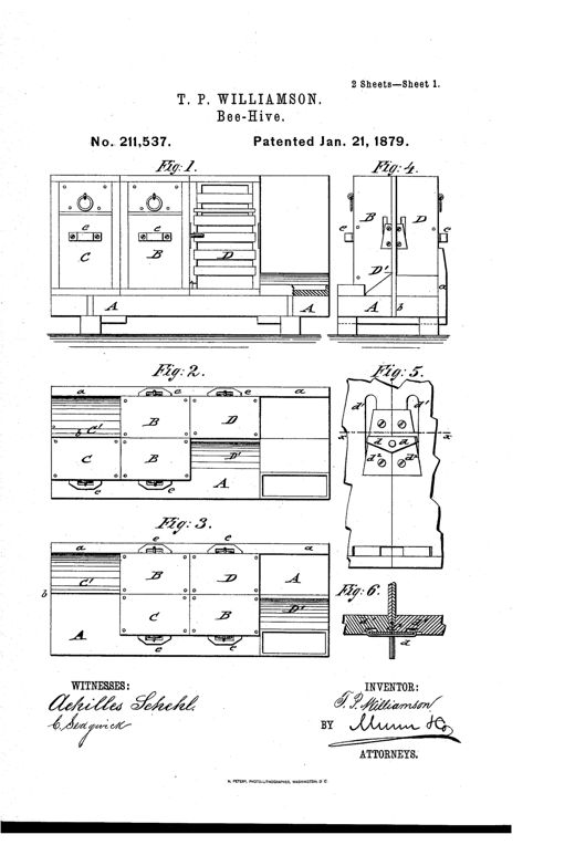 Patent drawing of a wooden bee-hive dividing apparatus showing a table with guide slots, two connected hive sections labeled B, C, and D with sliding vertical walls and locking hooks, plus detail views of the locking mechanism and a perspective view of the assembled hive.