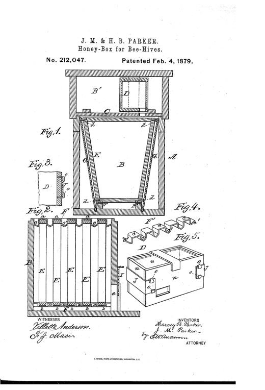Patent drawing showing a sectioned wooden beehive with a brood chamber holding trapezoidal comb frames and an upper glass-sided honey box, plus detail views of the metal U-shaped clamps and guide strips used to hold the box together.