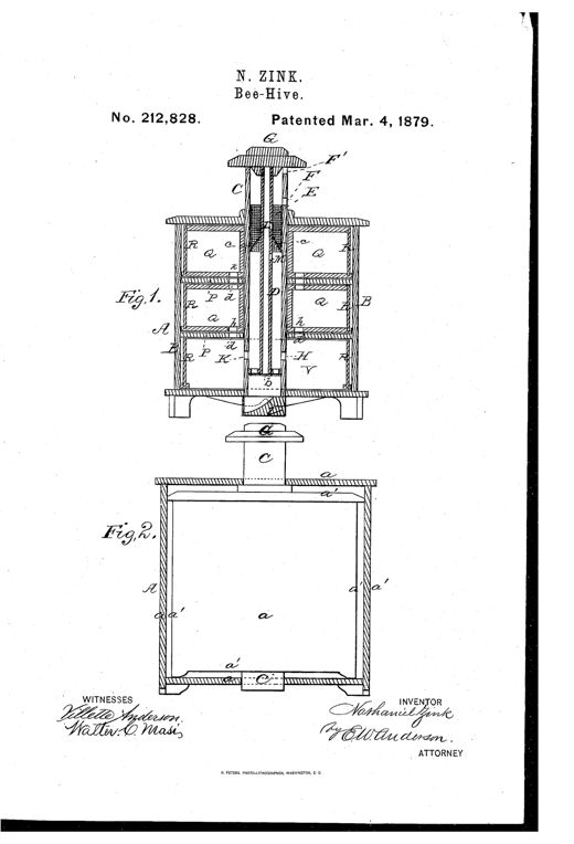 Patent drawing of a wooden bee-hive with stacked compartments containing sliding drawers, flanked by hinged doors, and a central vertical ventilating tube topped with a cap projecting above the hive, alongside a second figure showing the double-walled outer box with an air gap.