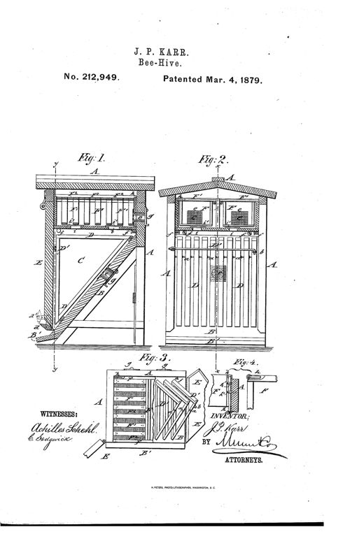Patent drawing of a wooden bee-hive showing a front elevation and cross-section with a peaked roof, a honey-box compartment with glass-covered frames at top, hinged triangular brood-chamber frames below forming an inclined floor, and swinging front and side doors with a diamond-shaped entrance slat.