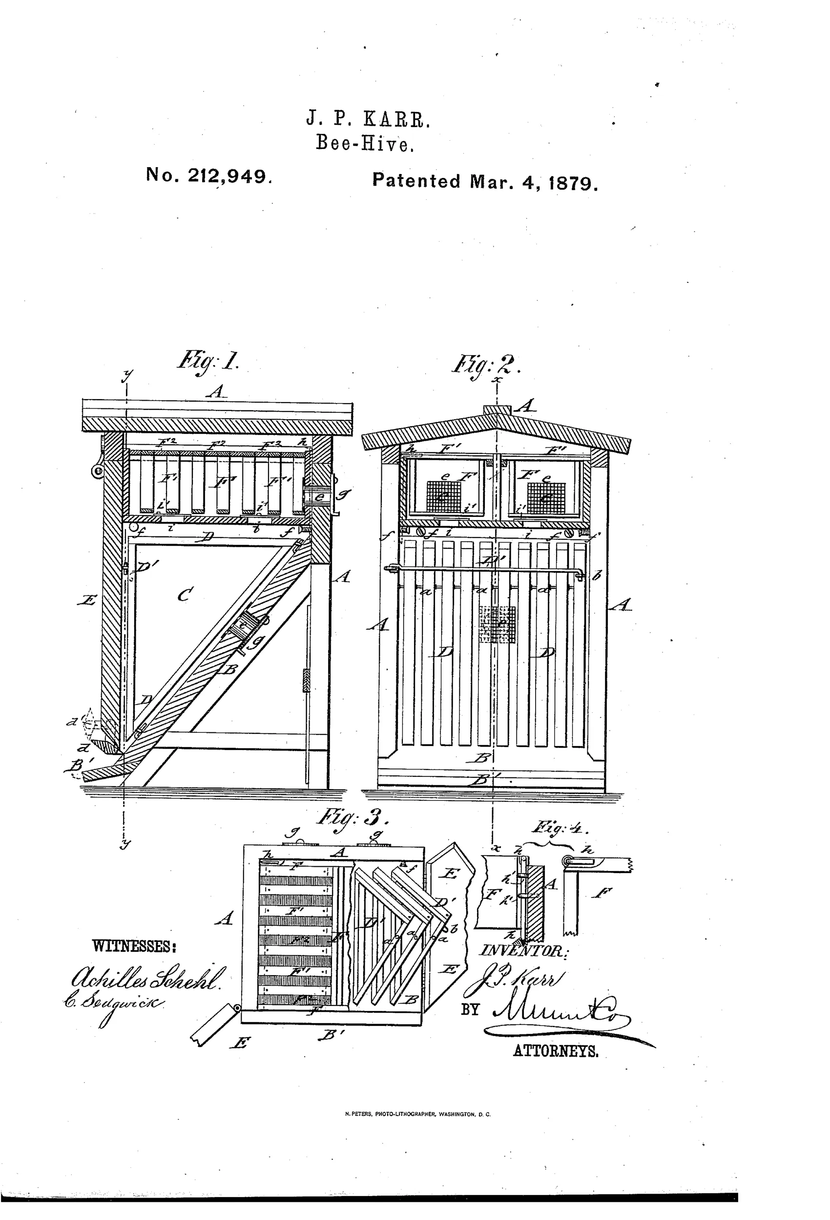 Patent drawing of a wooden bee-hive showing a front elevation and cross-section with a peaked roof, a honey-box compartment with glass-covered frames at top, hinged triangular brood-chamber frames below forming an inclined floor, and swinging front and side doors with a diamond-shaped entrance slat.