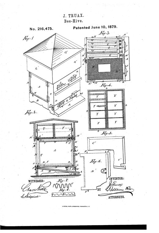 Patent drawing sheet showing a pyramidal-roofed wooden bee-hive in perspective, a cutaway side section, top views of the comb-frame arrangement and surplus honey boxes, and small detail drawings of the division board, false bottom, and pivoting wire.