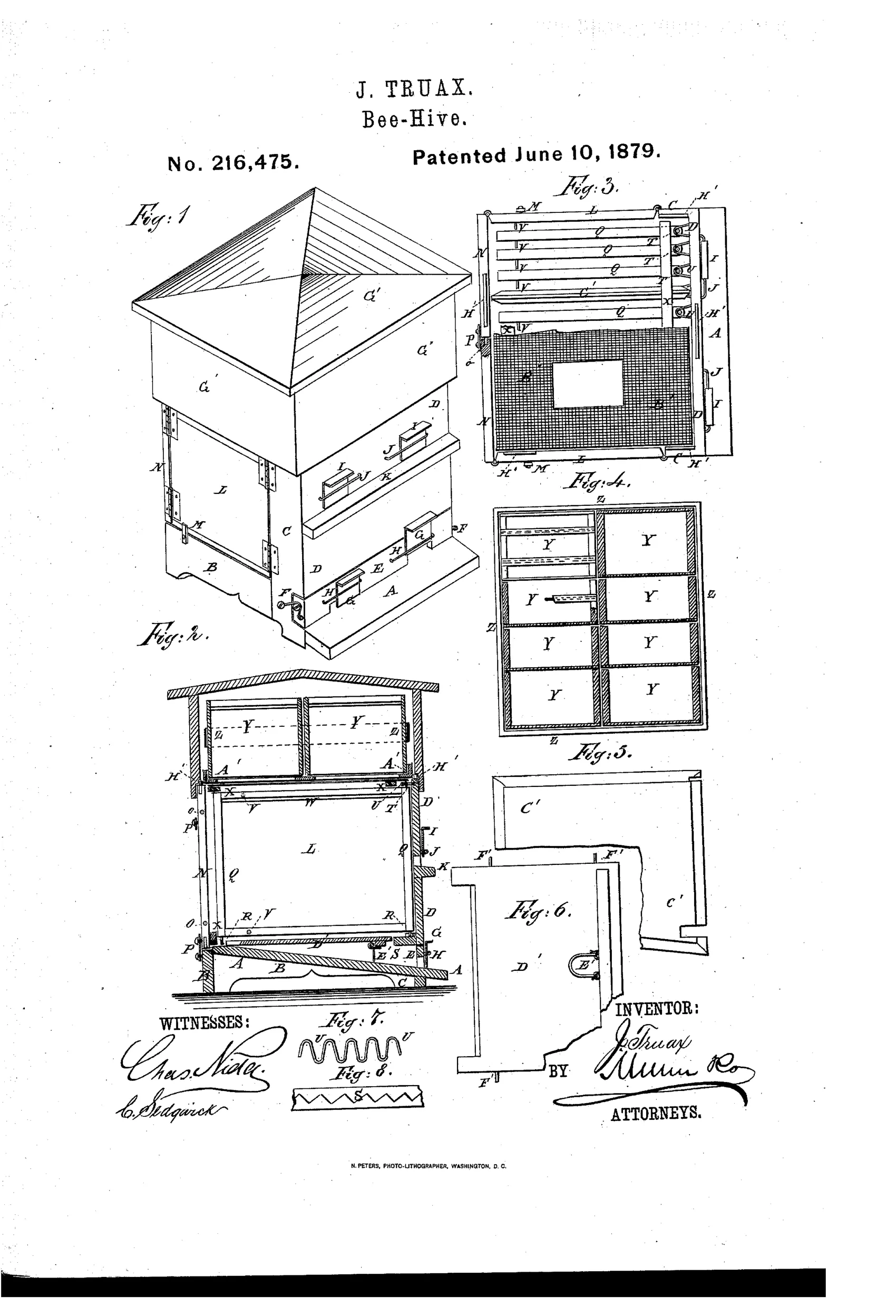 Patent drawing sheet showing a pyramidal-roofed wooden bee-hive in perspective, a cutaway side section, top views of the comb-frame arrangement and surplus honey boxes, and small detail drawings of the division board, false bottom, and pivoting wire.