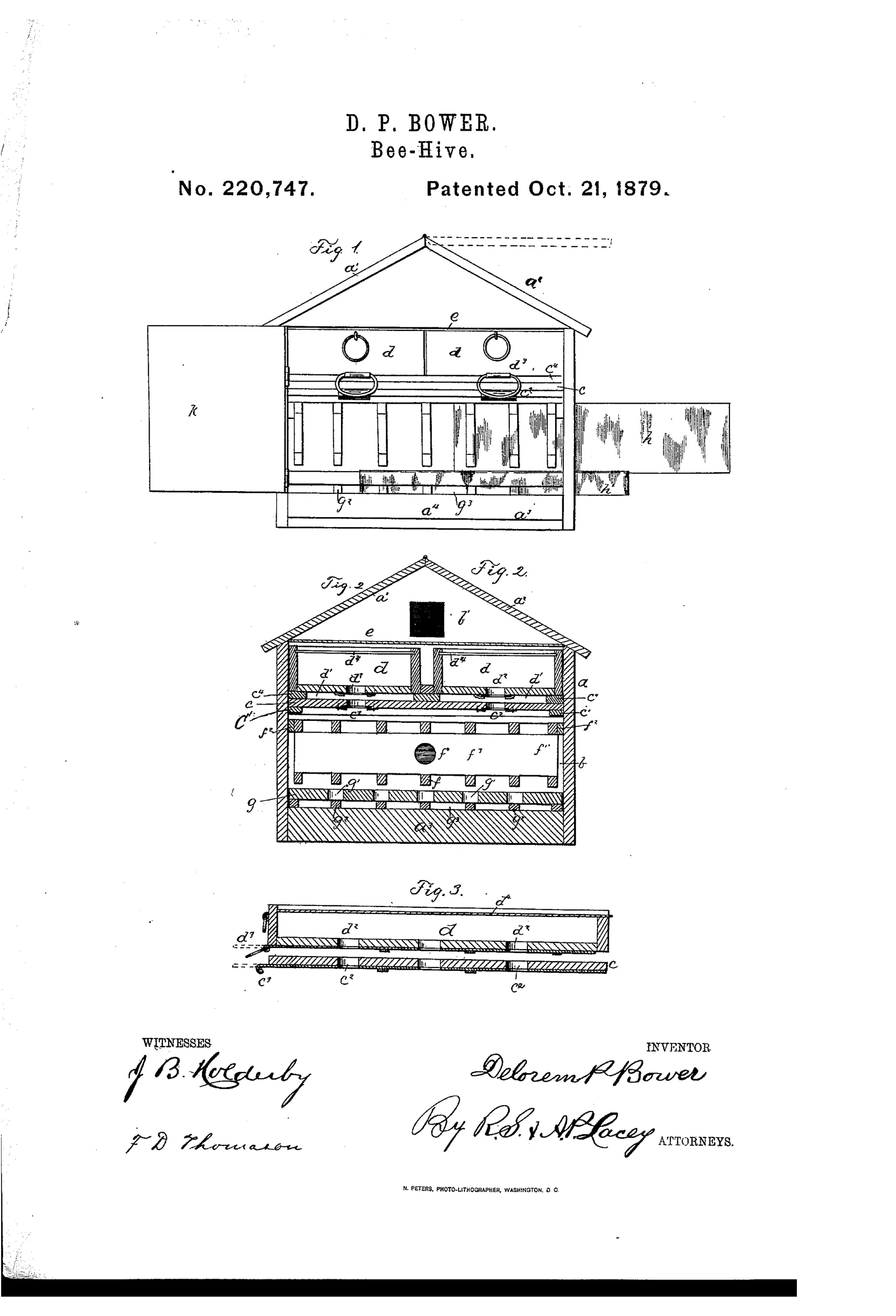 Patent drawing of a wooden beehive with a gable roof, showing a front elevation with open doors revealing internal drawers and comb frames, a cross-section detailing the layered chambers and perforated false bottom, and a separate detail view of a sliding comb-rack drawer.
