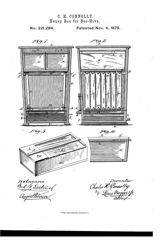 Patent drawing showing a slant-sided wooden bee-hive in cross-section with movable comb frames, a wire-cloth false bottom, and two honey-boxes on top each fitted with a sliding glass cover and a perforated stationary lid, along with a separate perspective view of one honey-box and its cross-section.