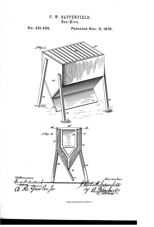 Patent drawing of a wooden bee-hive on splayed legs with a tapered wedge-shaped base, an alighting board leading to a bee entrance, and a cutaway section showing the plaster lining and hanging comb-frames inside.