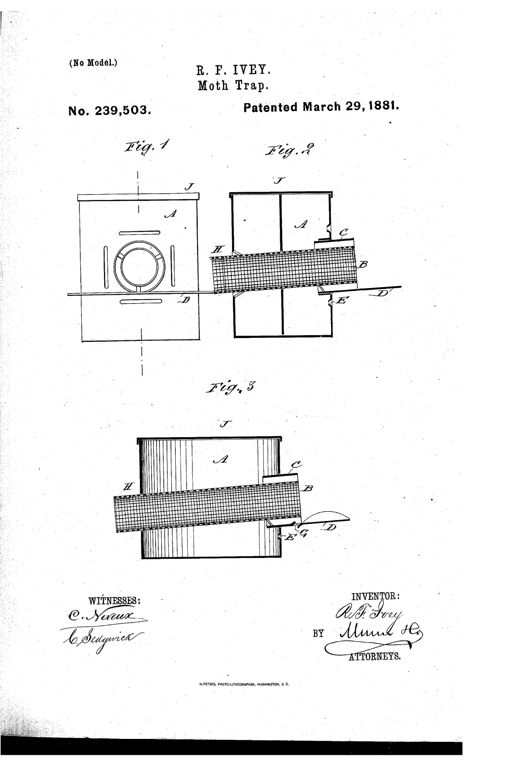 Patent drawing showing three views of a wooden box moth trap with a perforated metal tube passing through it, a shorter outer sleeve tube, and a small landing plate beneath, labeled with letters A through J indicating the box, tubes, apertures, and top.