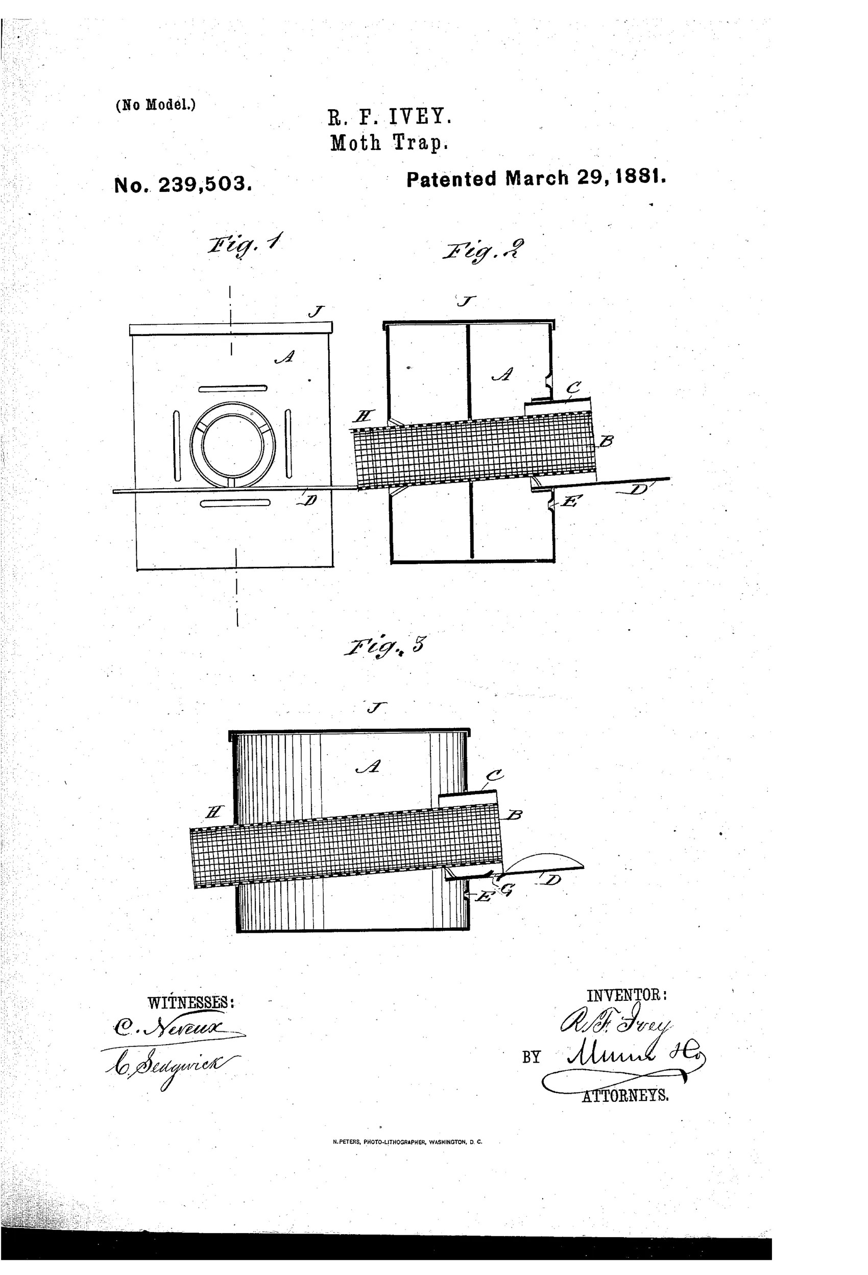 Patent drawing showing three views of a wooden box moth trap with a perforated metal tube passing through it, a shorter outer sleeve tube, and a small landing plate beneath, labeled with letters A through J indicating the box, tubes, apertures, and top.