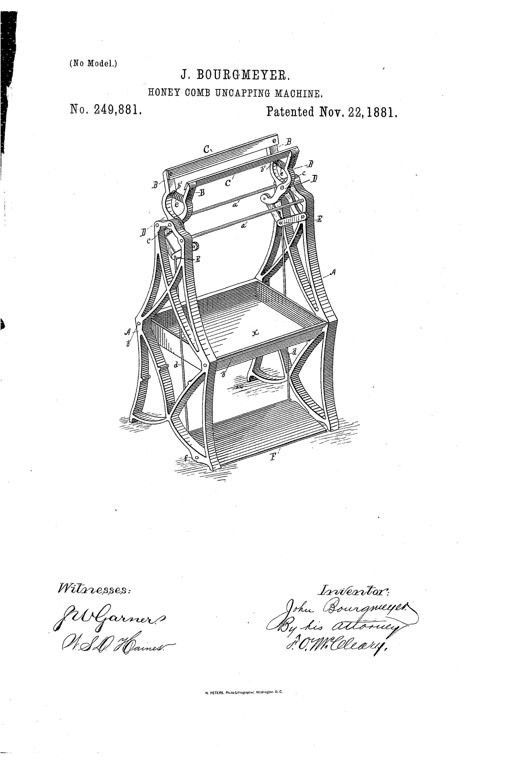 Perspective line drawing of a wooden frame machine with two paired lazy-tongs levers holding horizontal knives at top, operated by a foot treadle below, with a shallow pan at the base to catch drippings.