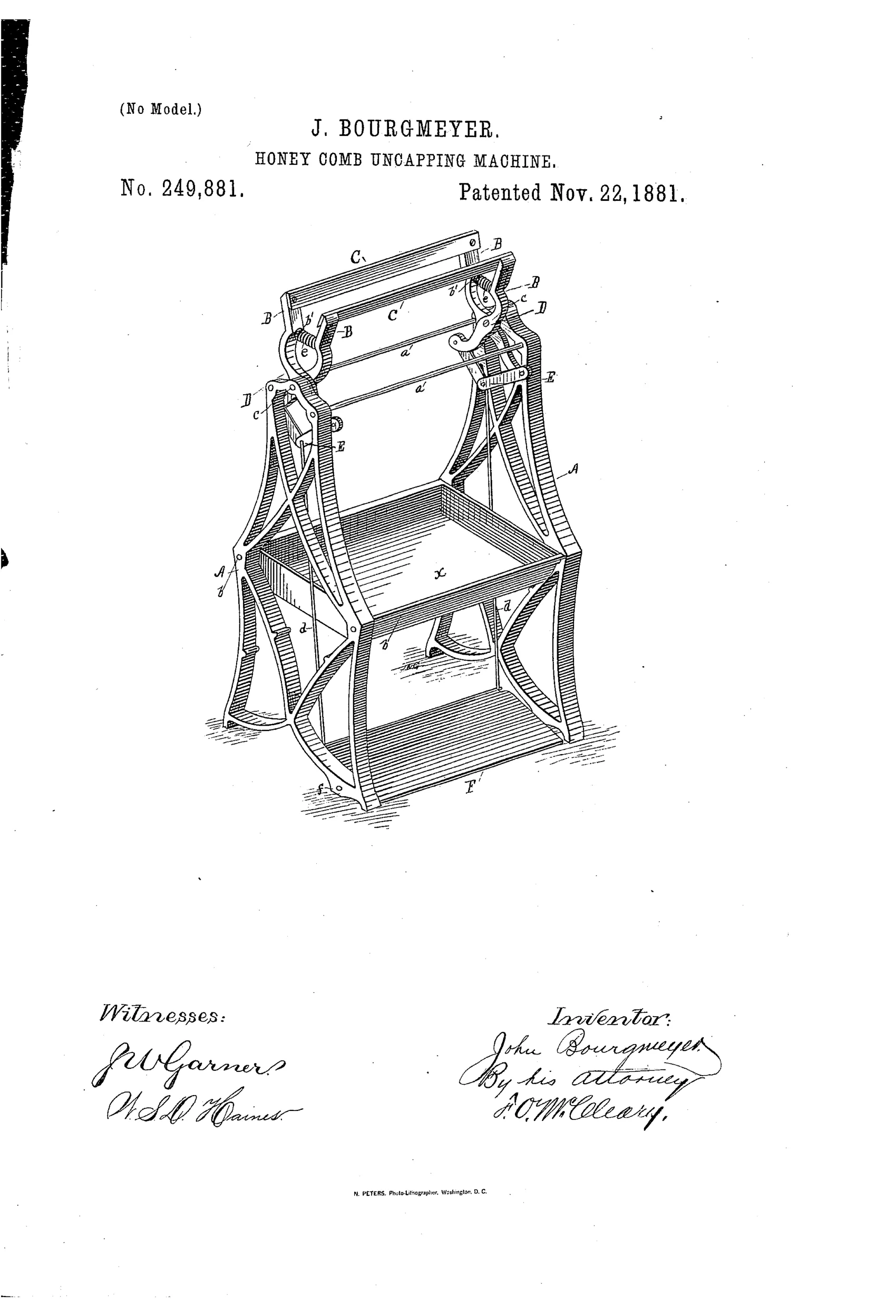 Perspective line drawing of a wooden frame machine with two paired lazy-tongs levers holding horizontal knives at top, operated by a foot treadle below, with a shallow pan at the base to catch drippings.