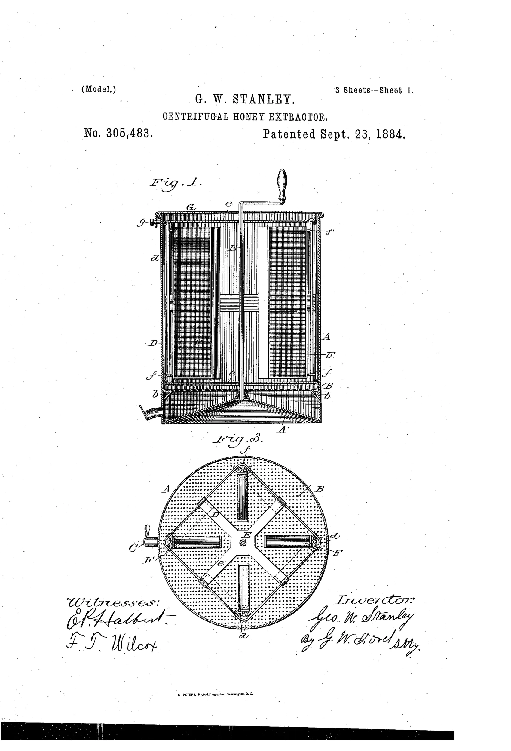 Patent drawing of a cylindrical centrifugal honey extractor showing a hand-cranked vertical shaft turning a rectangular skeleton frame with hinged wire-cloth comb baskets swinging outward, plus a top view of the four-armed rotating basket assembly and a side view of a honeycomb frame.