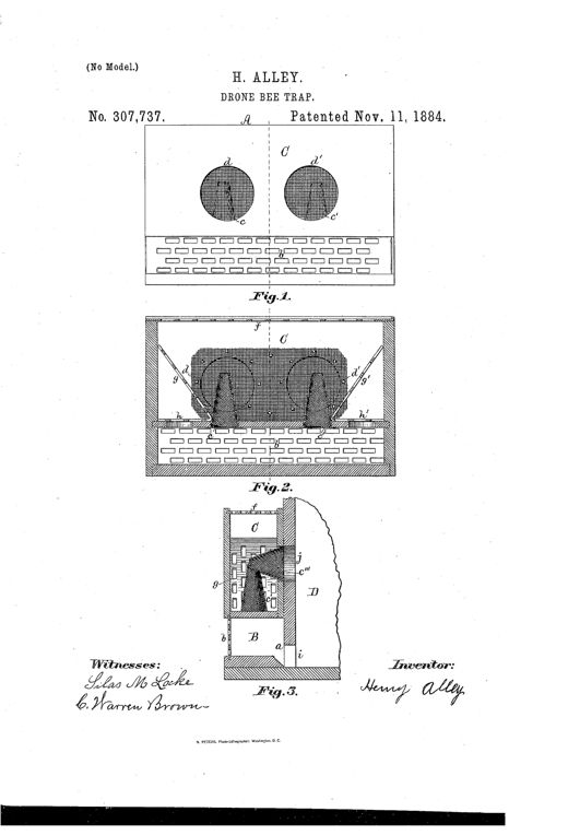 Patent drawing of a wooden drone-bee trap box showing two circular wire-cloth trap chambers above a perforated sliding panel, with a third cross-sectional figure showing the trap mounted onto a beehive with internal partitions and tubes.