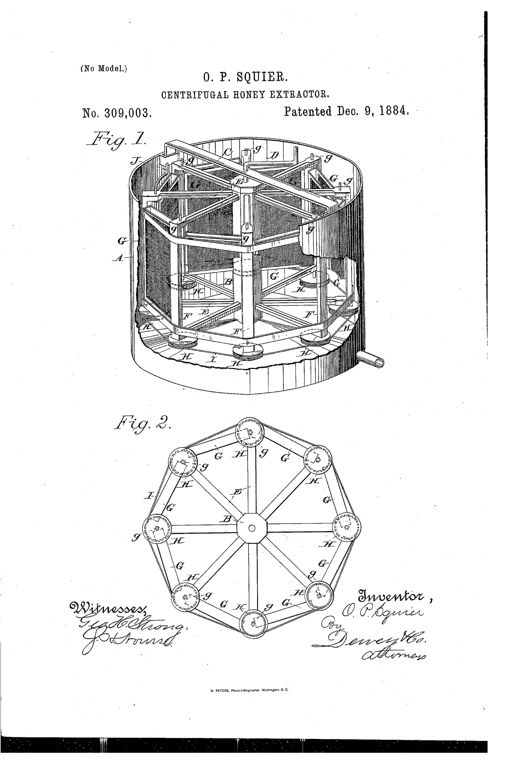 A cutaway perspective drawing of a cylindrical honey extractor showing an internal polygonal wire basket with hinged comb pockets around a central rotating shaft, plus a plan view from below showing the pulley and cord linkage connecting the pockets.