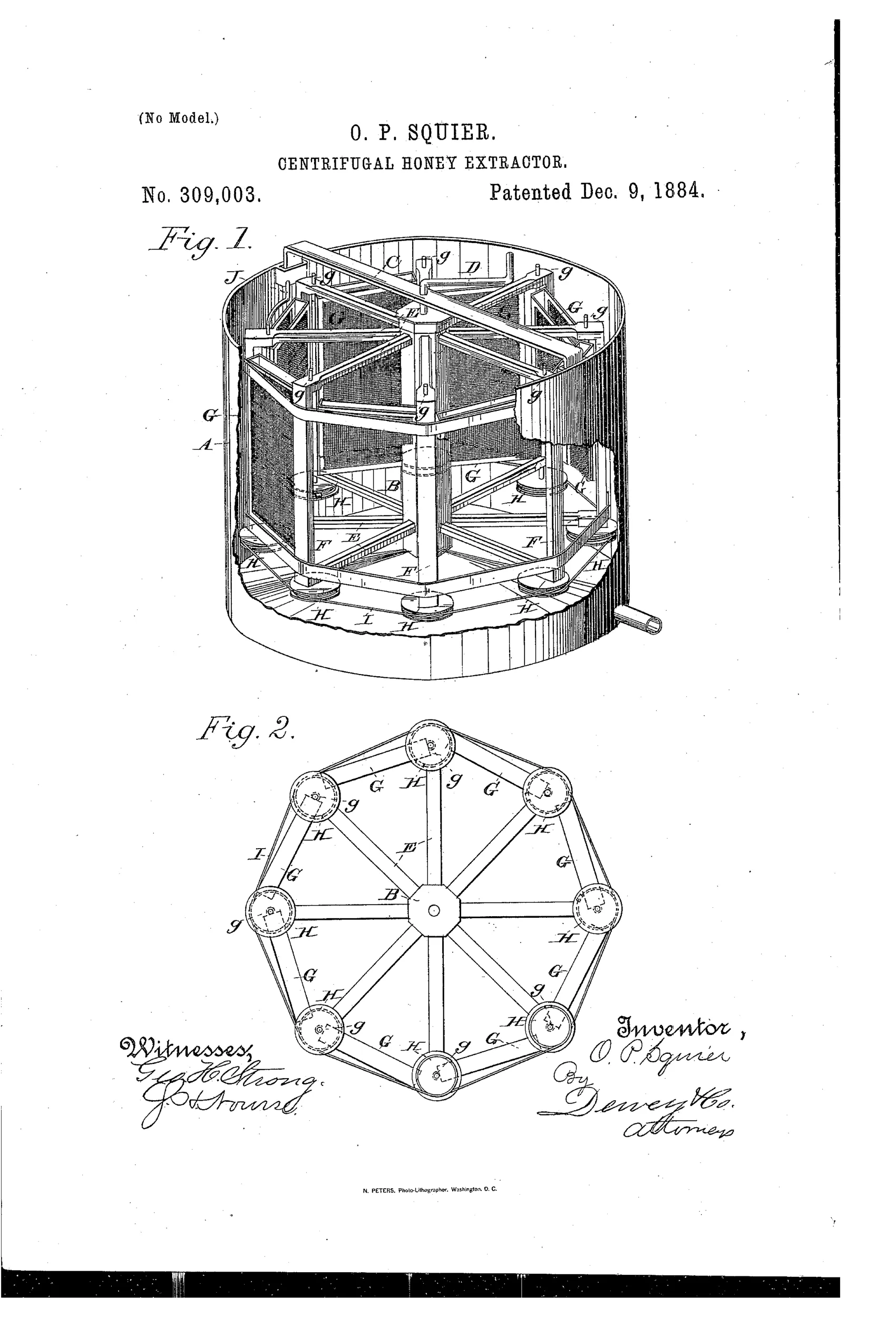 A cutaway perspective drawing of a cylindrical honey extractor showing an internal polygonal wire basket with hinged comb pockets around a central rotating shaft, plus a plan view from below showing the pulley and cord linkage connecting the pockets.