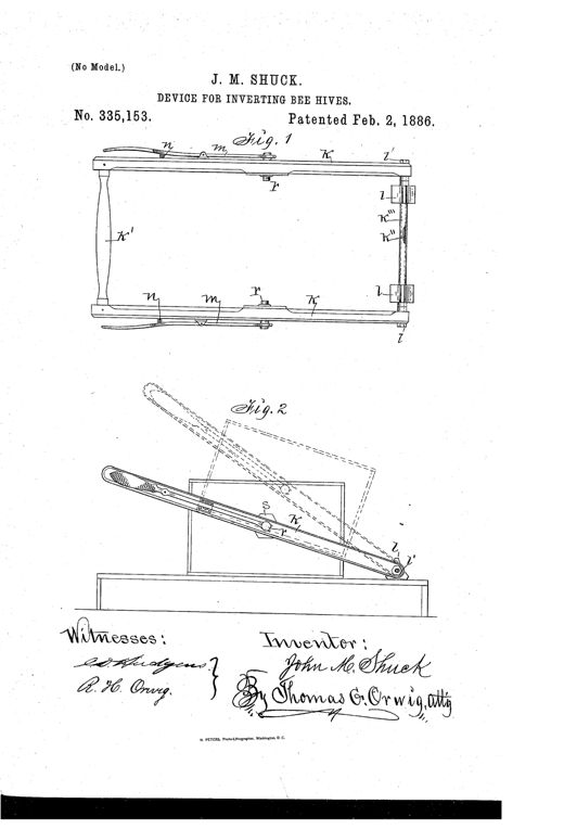 Patent drawing showing an oblong wooden frame with side bars, a rounded handle end, pivoted levers, and triangular shoes, plus a side view of the frame tilted to invert a bee-hive resting on a stand.