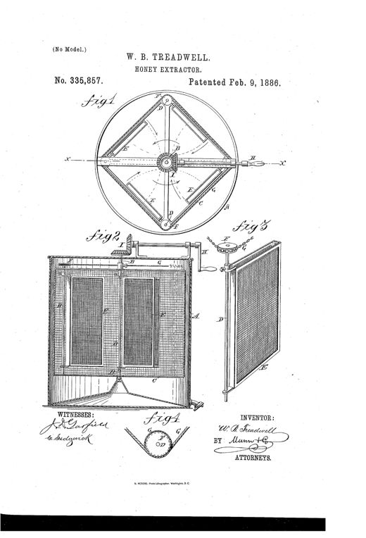 Patent drawing of a honey extractor showing a circular plan view of a diamond-arranged wire-cloth cage with four comb-pockets linked by chain-wheels, a side sectional view of the square cage assembly with crank handle, and a detailed perspective of a single comb-pocket with its spindle and chain-wheel.