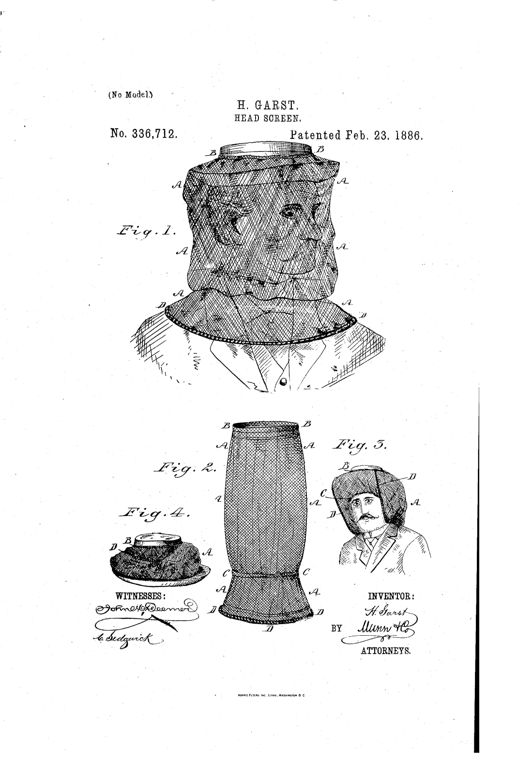 A patent drawing of a man wearing a bag-shaped mosquito-net head screen that covers his face and drapes over his shoulders and chest, held by bands at the top and neck and weighted along its lower edge, with additional detail views showing the screen detached and raised up onto a hat.
