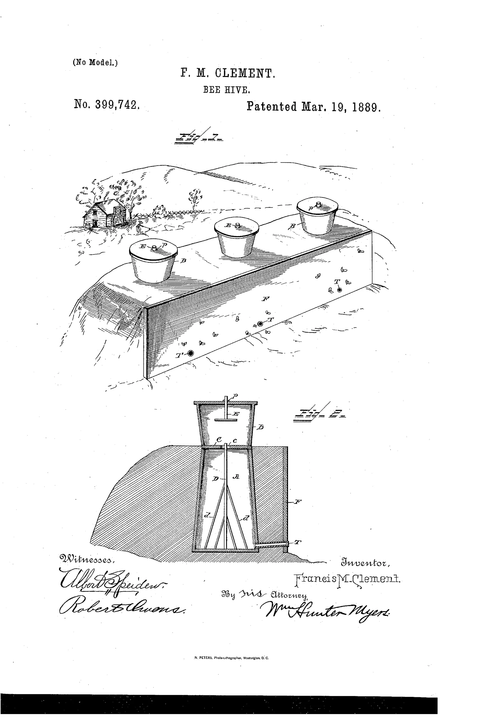 Patent drawing showing three conical earthenware beehives set into a sloped earthen embankment with a farmhouse in the background, and a vertical cross-section below revealing the internal standard, plate, and honey chamber construction.