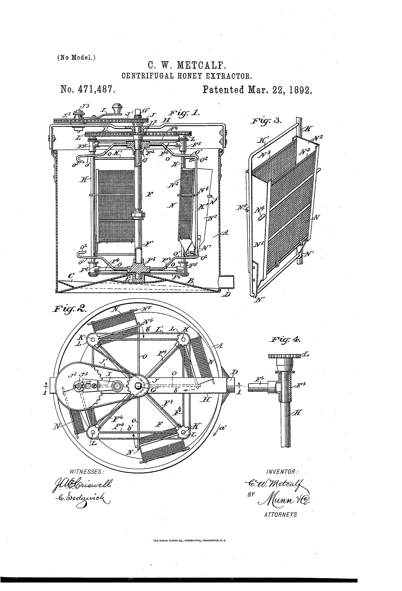 Patent drawing of a centrifugal honey extractor showing a cylindrical vessel with a rotating frame holding wire-mesh comb-holders, gear and sprocket-chain drive mechanism, and a crank handle for reversing rotation.
