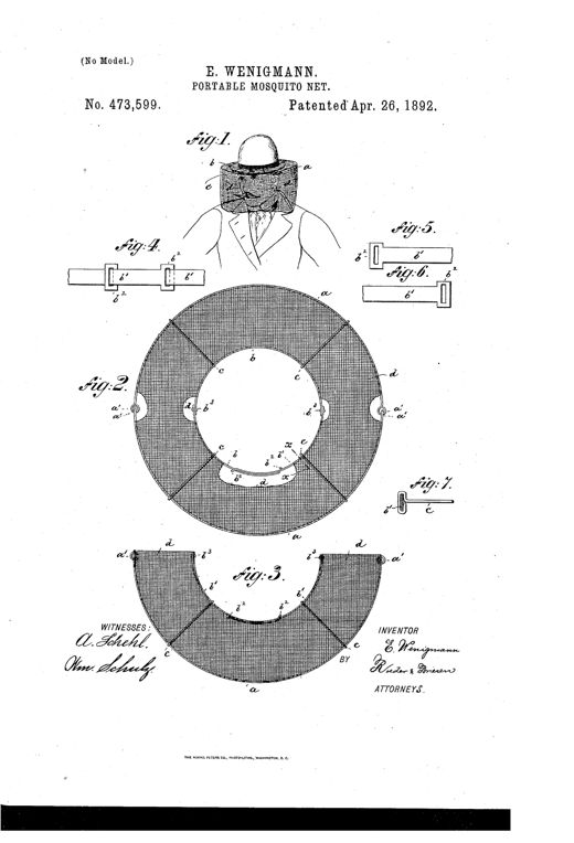 Patent drawing of a man wearing a bowler hat with a wire-framed mosquito net draped from the brim, alongside detailed top views of the folding concentric wire rings and metal strap hardware that form the net's expandable frame.