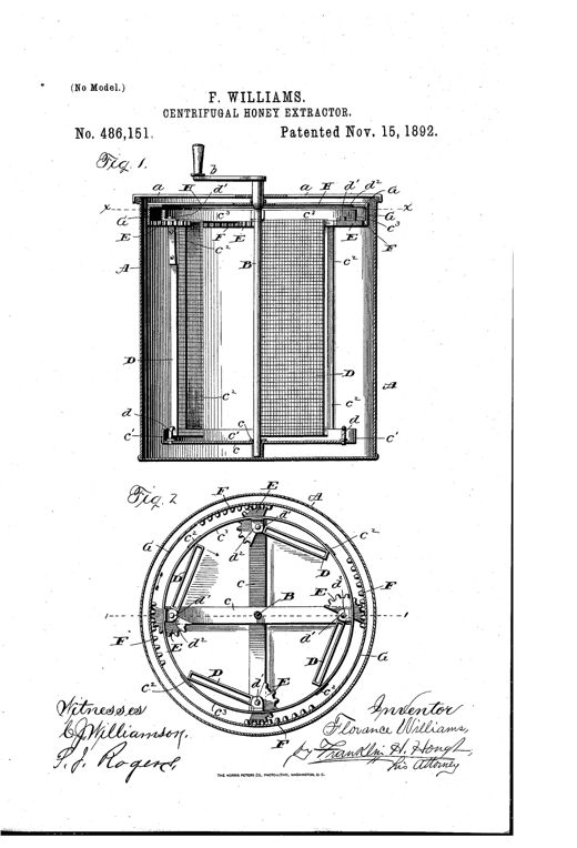 Patent drawing of a cylindrical centrifugal honey extractor showing a vertical cross-section with comb holders and a horizontal cross-section revealing the gear and rack mechanism for reversing the holders.