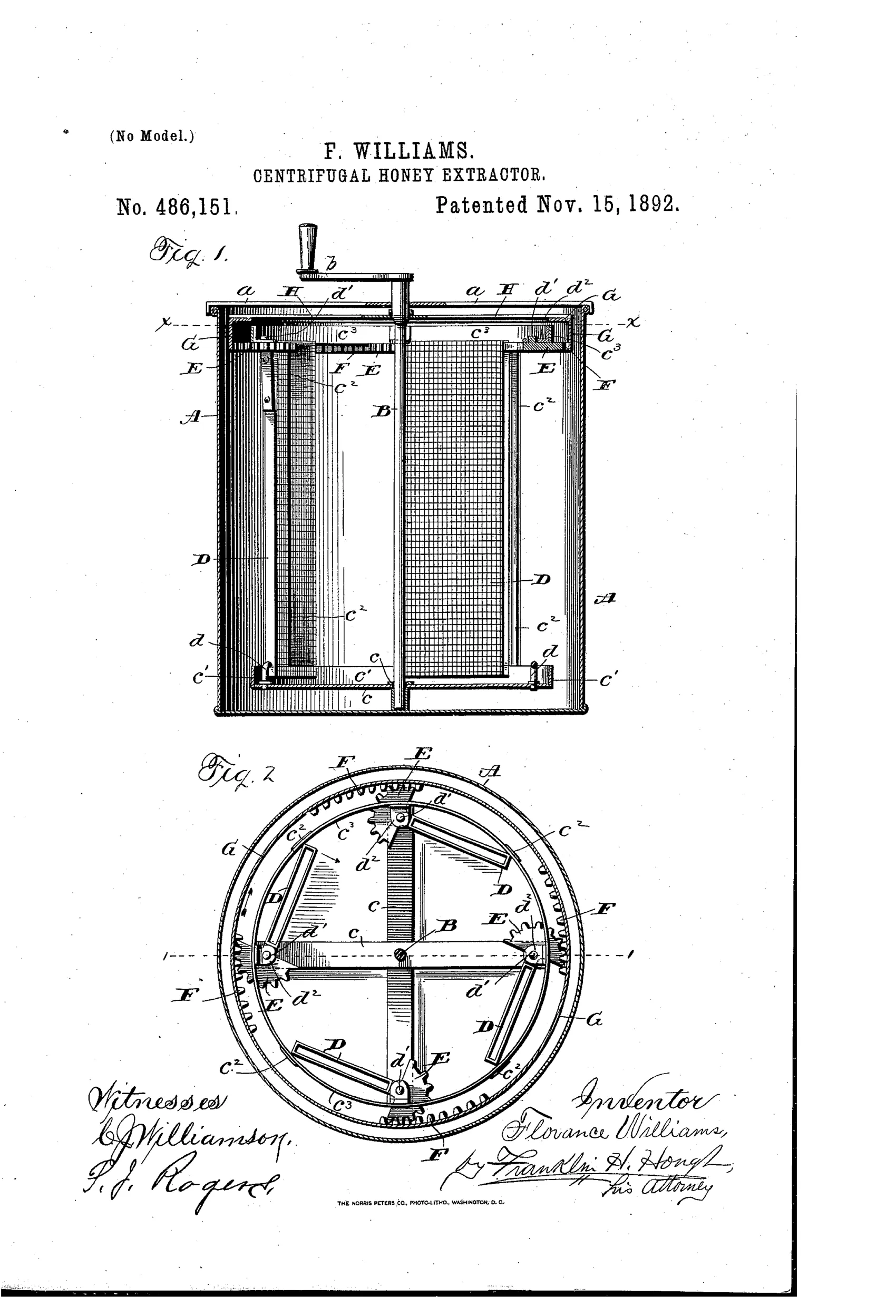 Patent drawing of a cylindrical centrifugal honey extractor showing a vertical cross-section with comb holders and a horizontal cross-section revealing the gear and rack mechanism for reversing the holders.