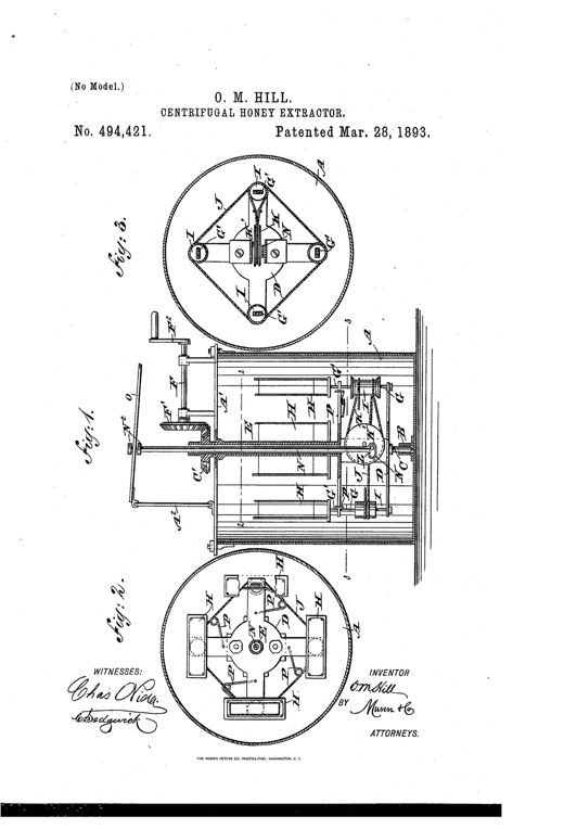Patent drawing showing a centrifugal honey extractor with a tall cylindrical vessel, a hand-crank mechanism at top, internal shafts and comb baskets connected by belts to a central reversing pulley, and two circular plan views showing the diamond-shaped drum and basket arrangement.