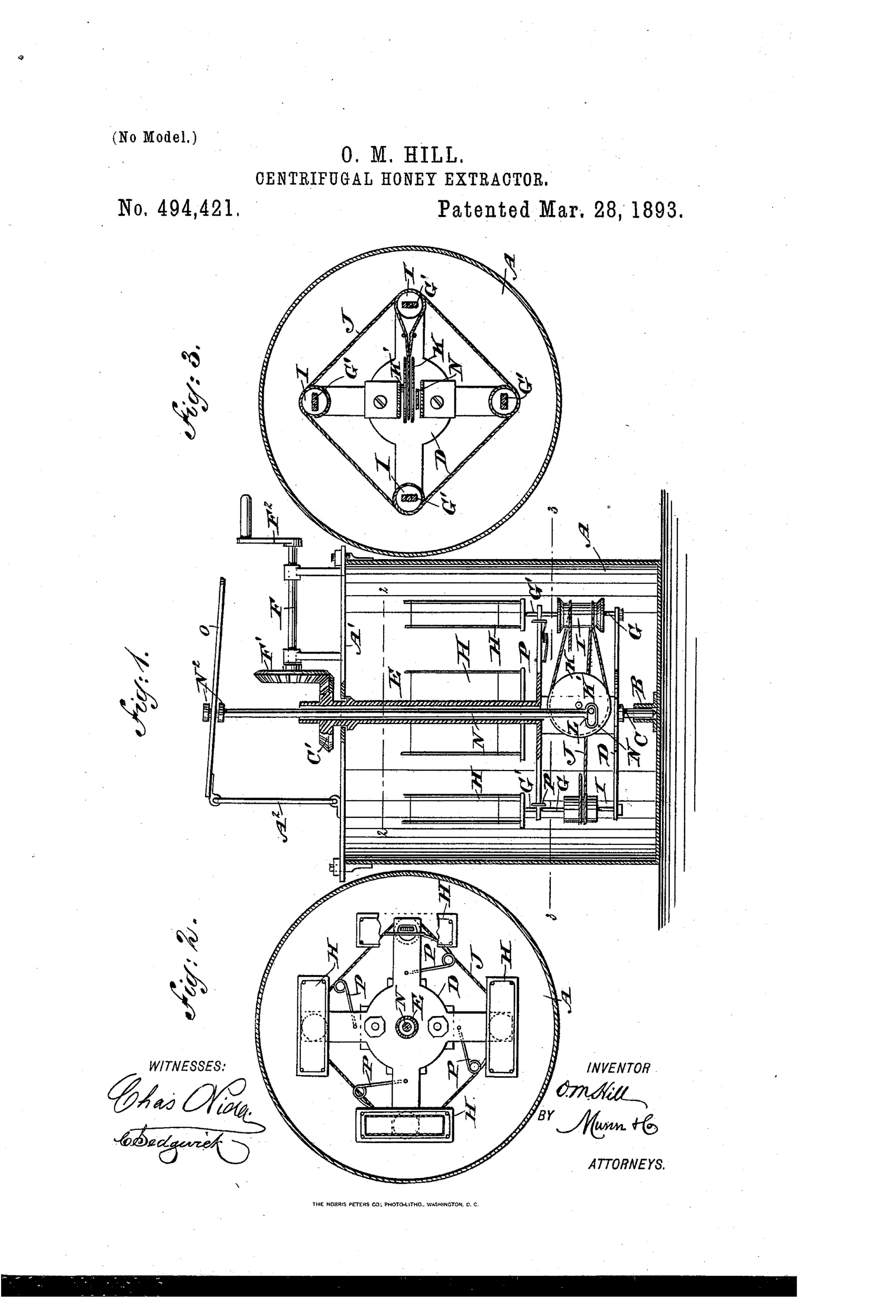 Patent drawing showing a centrifugal honey extractor with a tall cylindrical vessel, a hand-crank mechanism at top, internal shafts and comb baskets connected by belts to a central reversing pulley, and two circular plan views showing the diamond-shaped drum and basket arrangement.