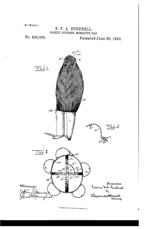 Patent drawing of a man wearing a full-body mosquito net cap held out from his face by radiating wire loops attached to a folding headband frame, with detail views of the top-view skeleton frame and the wire loop coil mechanism.