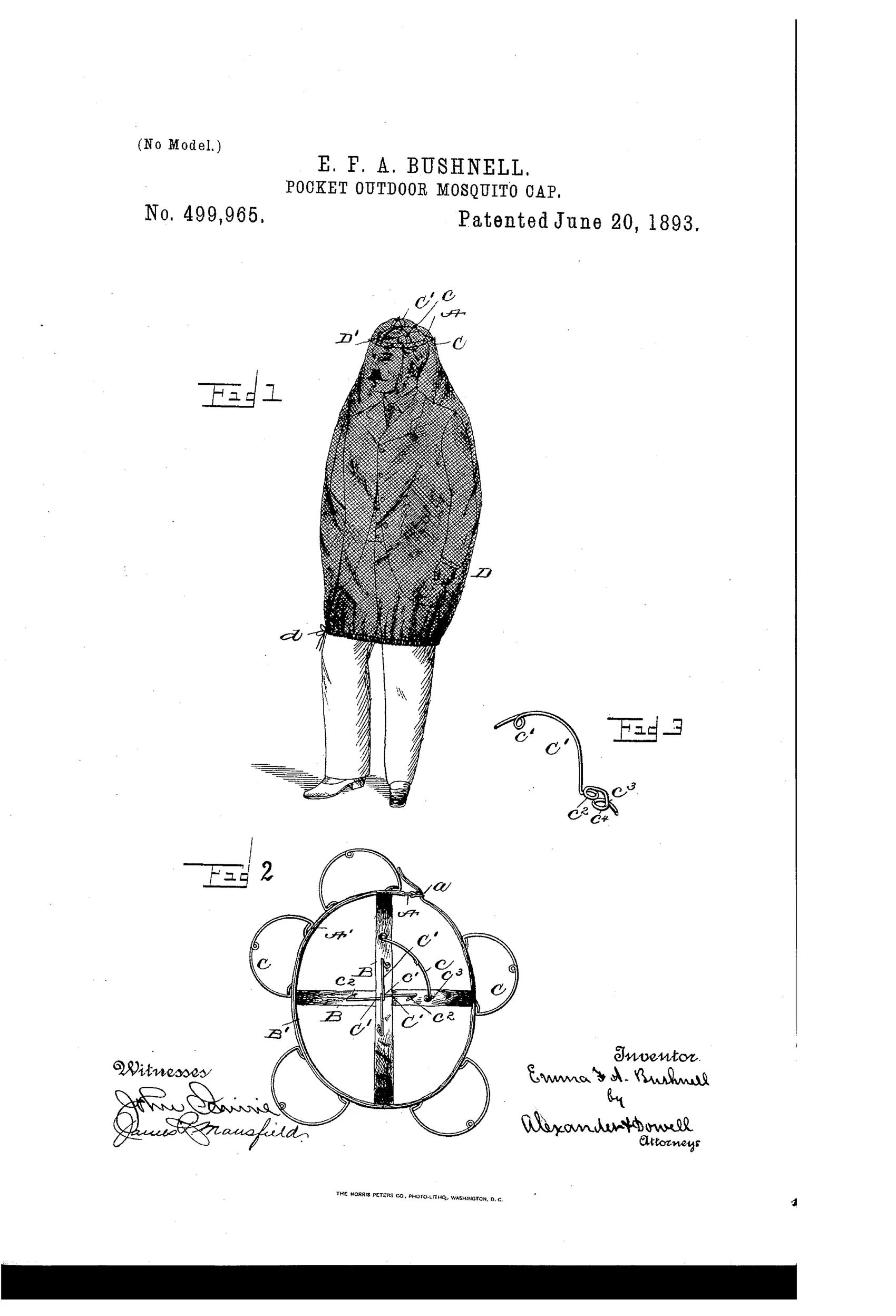 Patent drawing of a man wearing a full-body mosquito net cap held out from his face by radiating wire loops attached to a folding headband frame, with detail views of the top-view skeleton frame and the wire loop coil mechanism.