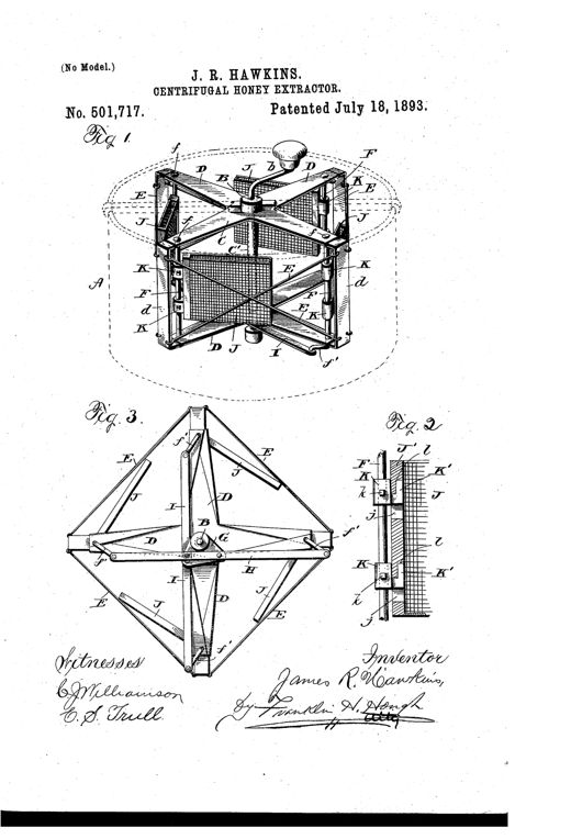 Patent drawing of a boxy centrifugal honey extractor with a crank handle on top, an X-shaped internal frame holding two wire mesh honey baskets, and a detailed star-shaped plan view of the triangular drive plate and connecting rods below.