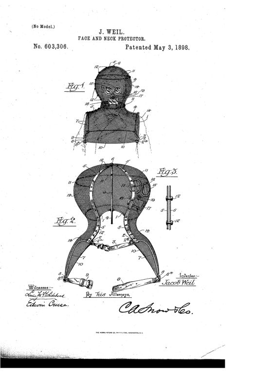 Line drawing of a wire-mesh head, neck and shoulder veil with numbered parts showing eye frames, a hinged mouth flap, spring-wire yokes over the shoulders, and underarm straps, shown both worn on a bust figure (Fig. 1) and laid open flat (Fig. 2), with a small sectional detail of the locking pins (Fig. 3).