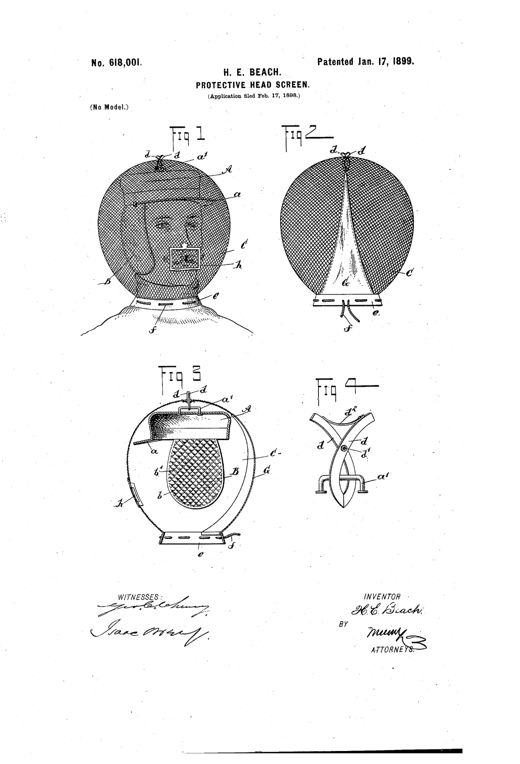 Patent drawing of a spherical wire-mesh head screen worn over a cap, with ear flaps, a neck drawstring, a hinged mouth door, and a detail of the spring-loaded clamping fingers that attach the screen to the cap's top button.
